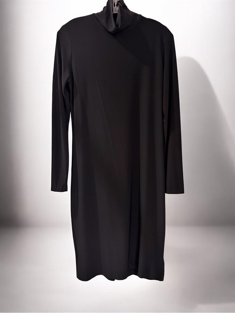 Norma Kamali Black Long-Sleeve Turtleneck Dress, Sleek Stretch Knit, Sz M